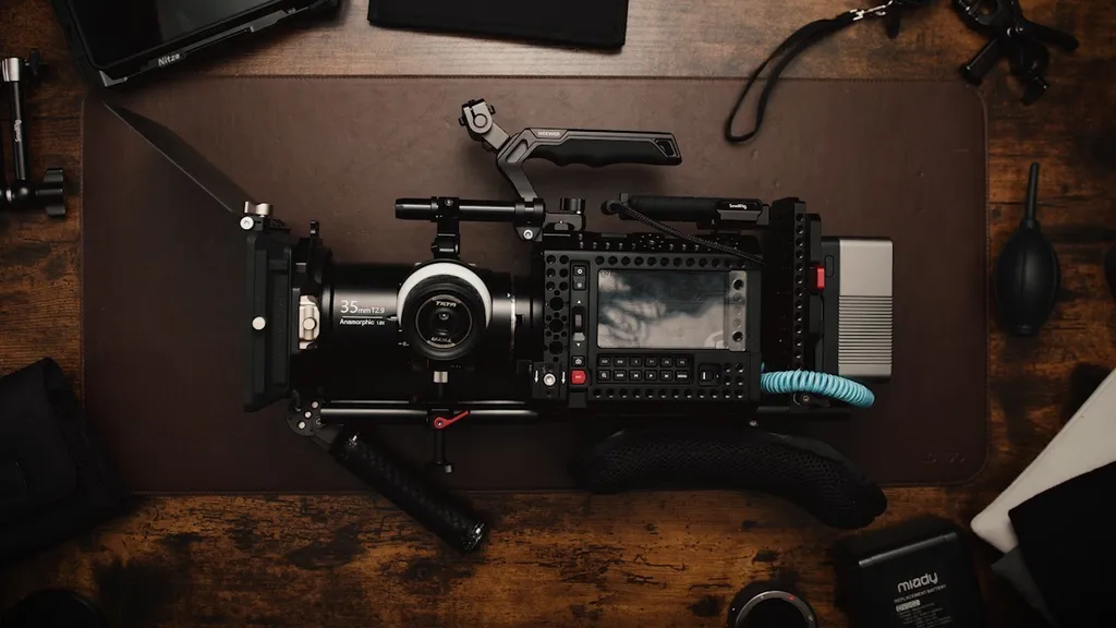 A cinema camera rigged with a cage, top handle, monitor and battery, seen from above